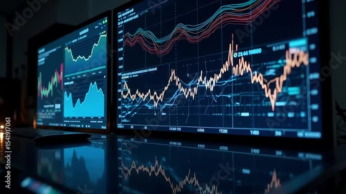 Stock Market Data Analysis Displayed on Multiple Computer Screens Showing Financial Charts and Graphs