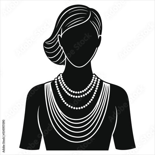 (Multi-strand necklace)Vector Silhouette of a Woman Wearing Multiple Pearl Necklaces/A stylish black and white silhouette of a woman with a classic hairstyle, showcasing multiple pearl necklaces.