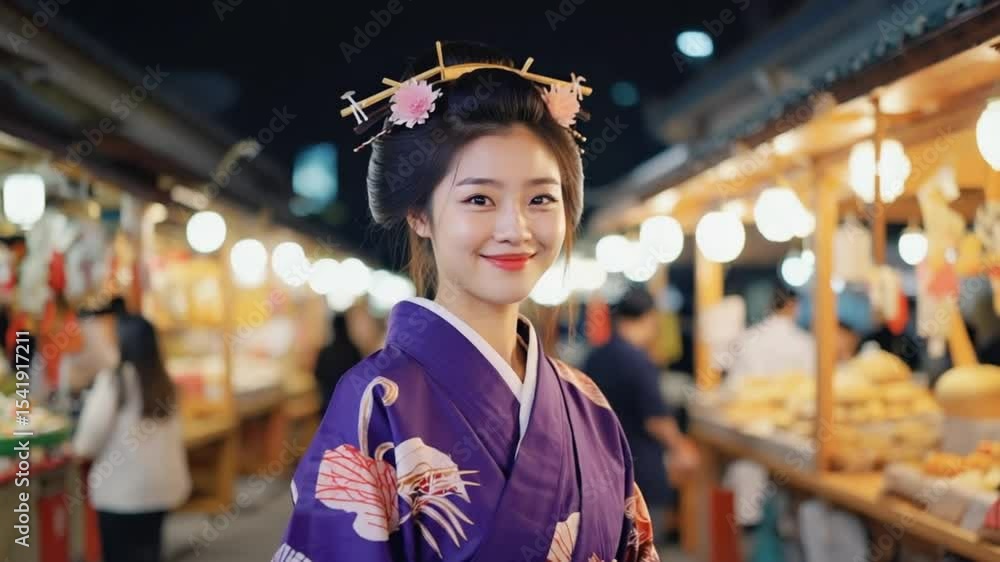 夏祭り、浴衣の女性が歩く、提灯輝く、賑やかな縁日 夏祭り、浴衣の女性が歩く、提灯輝く、賑やかな縁日
