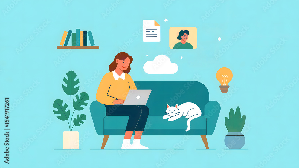Woman Working on Laptop at Home with Cat Teal Couch Woman Working on Laptop at Home with Cat Teal Couch
