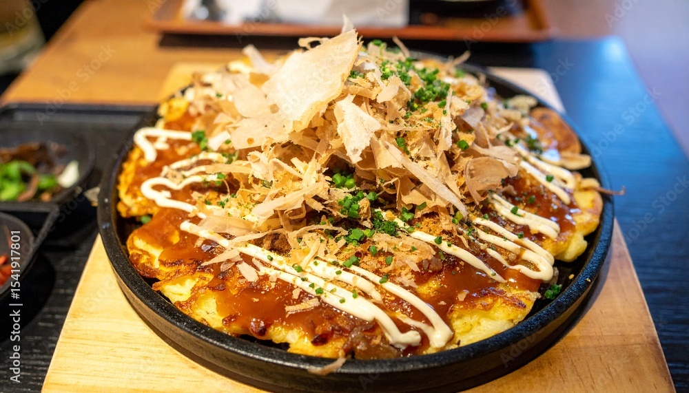 Fototapeta premium okonomiyaki, japanese osaka seafood pancake with dried bonito 