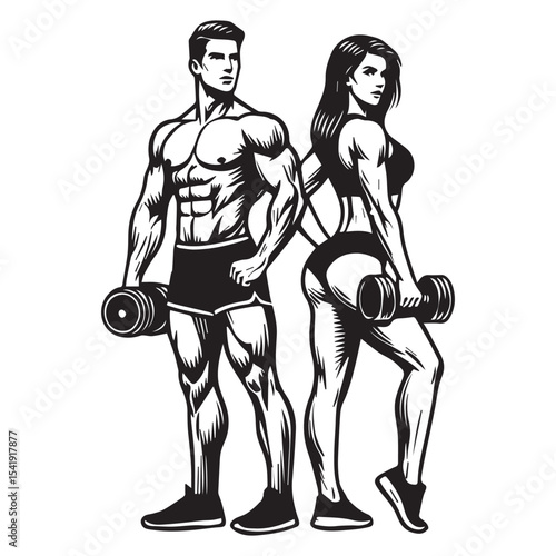 Female and male Lifting Weights clipart, funny Gym silhouette, exercise work out illustration, bodybuilder design sublimation
