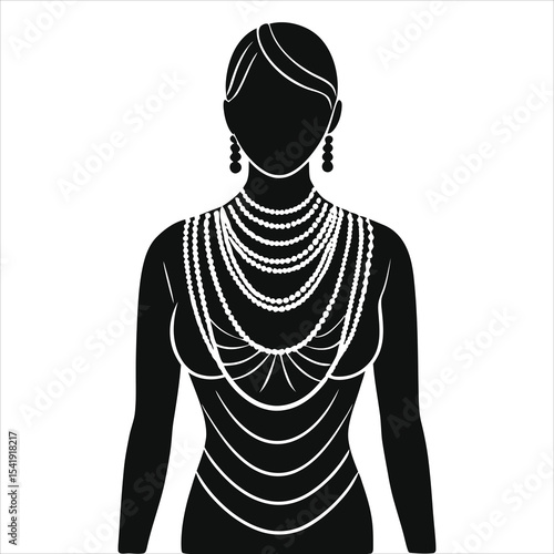 ( Multi-strand necklace)Elegant Woman Vector Silhouette with Multiple Pearl Necklaces/A stylish black and white silhouette of a woman adorned with multiple pearl necklaces and earrings.