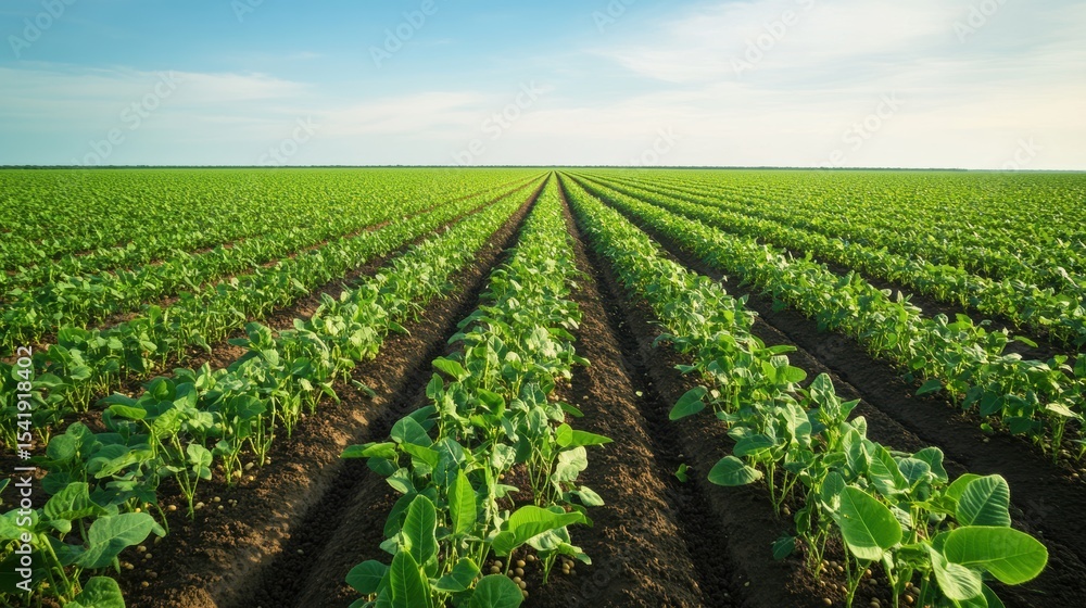 Obraz premium Rows of green soybeans grow in an expansive field under a clear blue sky during the early morning hours in rural farmland