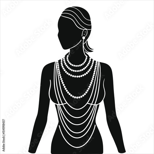 (Multi-strand necklace)Female Vector Silhouette with Multiple Pearl Necklaces/A stylish black and white silhouette of a woman showcasing a variety of layered pearl necklaces.