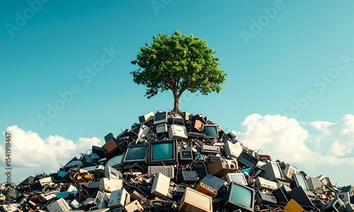E-waste recycling circuit gadgets recovery concept. A tree grows atop a mound of discarded electronics under a clear sky.