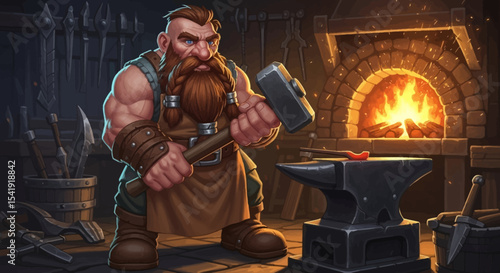 Fantasy Blacksmith Character Working at Forge – Vector Illustration of Dwarf Smith in Medieval Workshop

