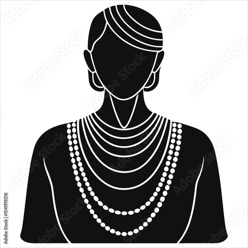 (Multi-strand necklace)Elegant Woman in Traditional Jewelry, Black and White Vector Silhouette/A stylized, black and white silhouette of a woman adorned with multiple strands of pearls.
