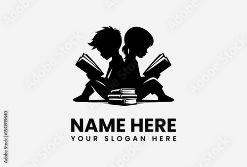 Silhouette of two children engrossed in reading books, with a stack.