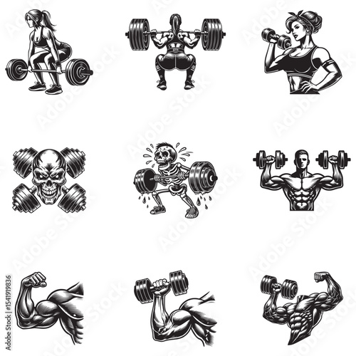 pack of funny Gym silhouette, exercise work out illustration, bodybuilder design sublimation