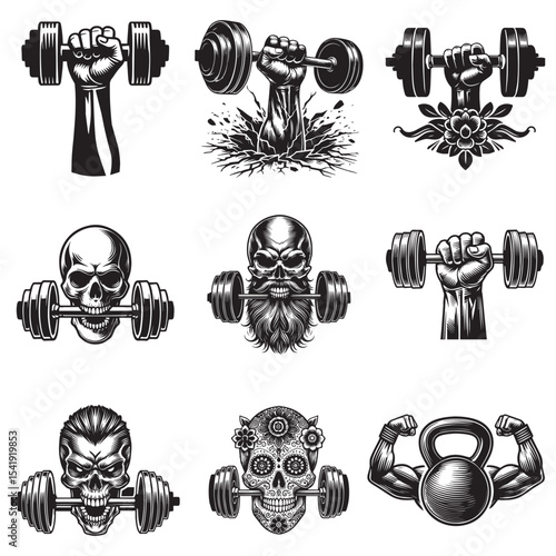 set of funny Gym silhouette, exercise work out illustration, bodybuilder design sublimation