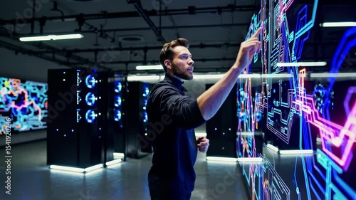 Expert points at purple circuit network exploring technology management digital growth analysis connectivity progress modern solutions data research