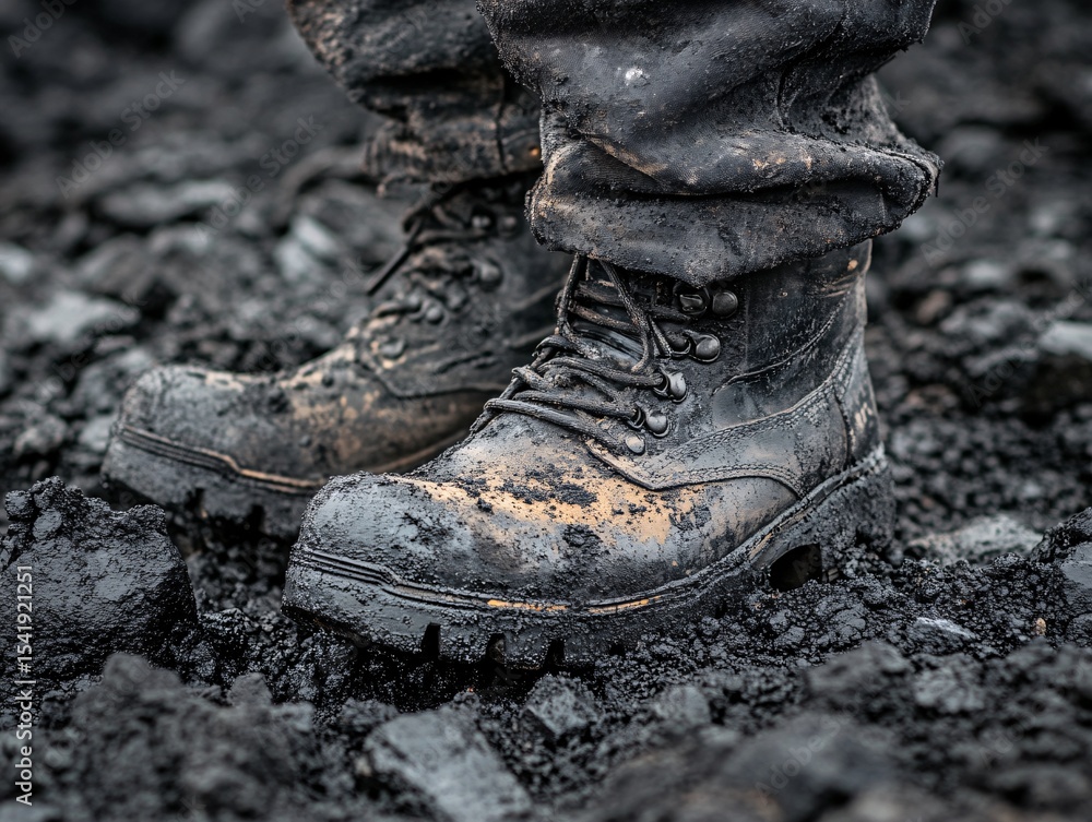 Closeup of worker’s steeltoe boots covered in mud construction site industrial photography outdoor ground level perspective Closeup of worker’s steeltoe boots covered in mud construction site industrial photography outdoor ground level perspective