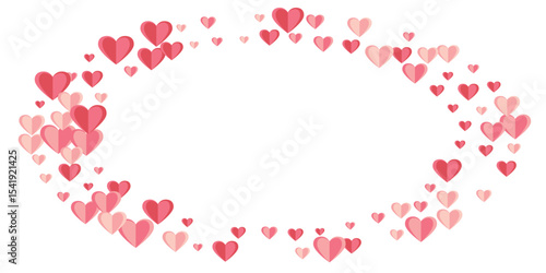 Paper cut rosy heart shapes flying background design. Valentines Day sale decor. Poster background. Colorful heart amour symbols scatter.