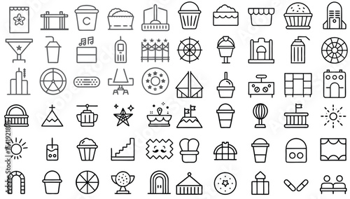 Diverse Icon Set with Various Food, Drinks, Buildings, and Landmarks