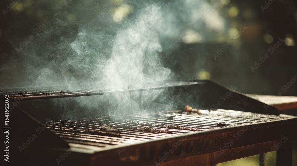 Rising Smoke from Barbecue Grill Grate - Preparing for Delicious Outdoor Grilling Session Rising Smoke from Barbecue Grill Grate - Preparing for Delicious Outdoor Grilling Session