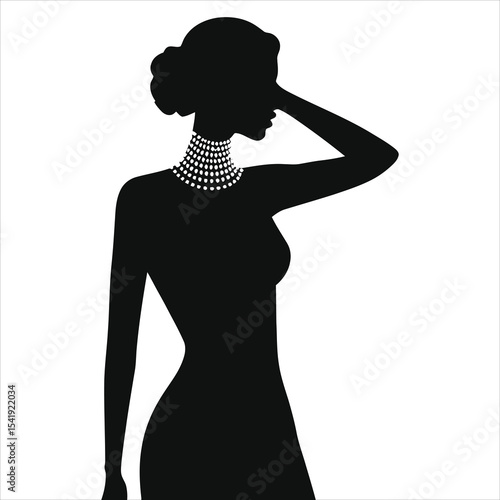 (chokers Necklaces)Vector Silhouette of a Woman Wearing a Pearl Necklace/A sophisticated silhouette of a woman, featuring a stunning pearl necklace, exudes timeless elegance.