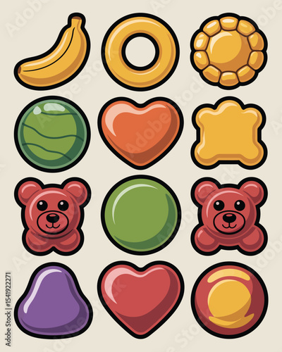 Cartoon candy and fruit icons set