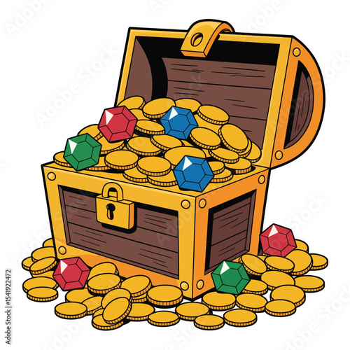 Open treasure chest filled with gold coins and jewels