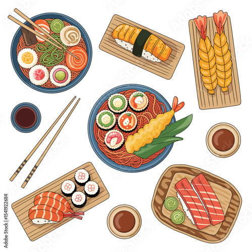 Japanese food illustration sushi noodles and tempura