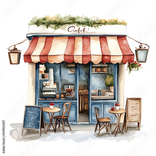Watercolor painting of a quaint cafe with tables on transparent background png vector