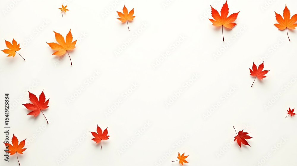 Red and orange maple leaves frame a white background Red and orange maple leaves frame a white background