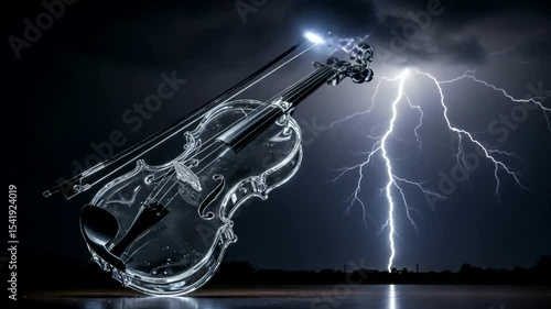 A stunning glass violin illuminated by lightning during a dramatic stormy night