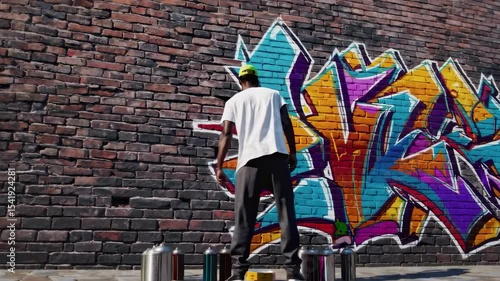 Street artist passionately designs vibrant graffiti mural on city wall invoking creativity and expressing unique colorful street art identity