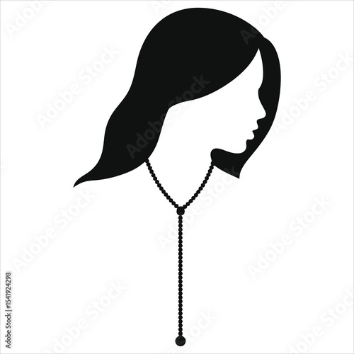 (Lariat Necklace)Elegant Vector Silhouette of a Woman Wearing a Statement Necklace/A stylish black and white silhouette of a woman, showcasing a sophisticated choker-style necklace.