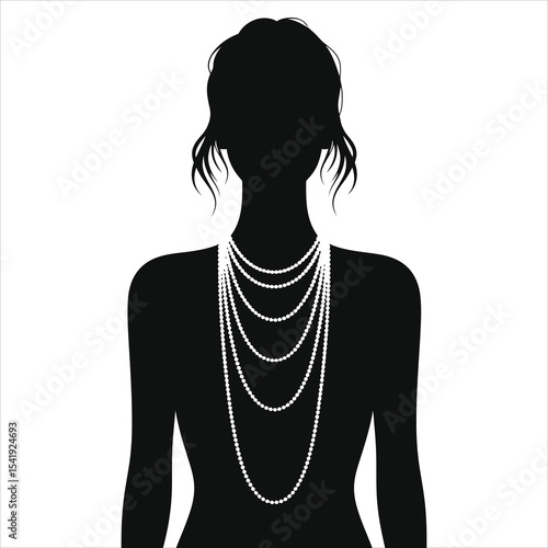 (layered Necklaces)Vector Silhouette of a Woman Wearing Pearl Necklaces/A sophisticated black and white silhouette of a woman adorned with multiple pearl necklaces.