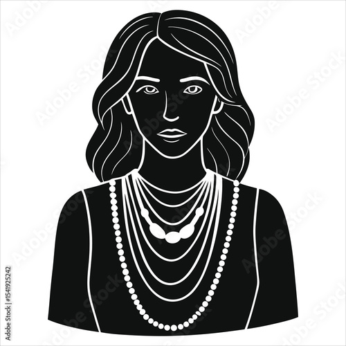(layered Necklaces) Elegant Woman Vector Silhouette in a Stylish Necklace Display/A black and white silhouette of a woman, showcasing multiple necklaces.