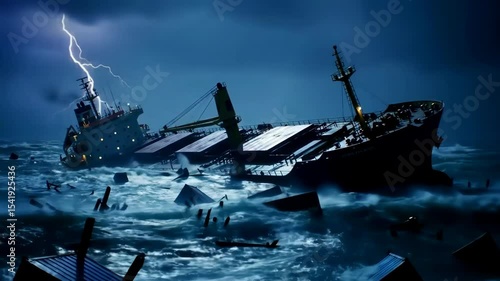 Wrecked cargo ship being battered by violent waves during a dramatic ocean storm at night