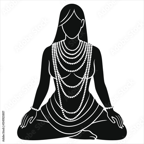 (layered Necklaces)Vector Silhouette of a woman adorned with multiple pearl necklaces in a meditative pose...