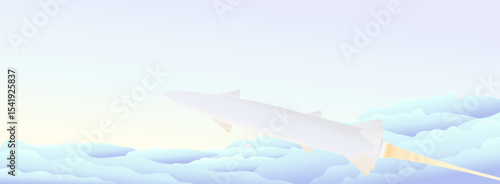 Single Rocket missile in the sky. Illustration of modern war, cloudy morning sky and ballistic missile attack. World war