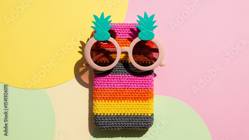 Trendy Pineapple Sunglasses and Colorful Crochet Bag on Pastel Background