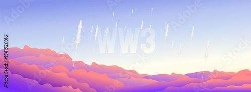 Rocket missile in the sky. Illustration of modern war, cloudy evening sky and ballistic missile attack. World war