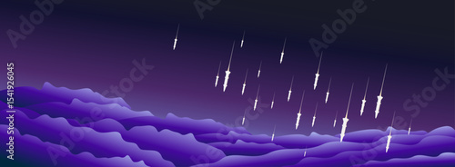 Rocket missile in the sky. Illustration of modern war, cloudy night sky and ballistic missile attack. World war