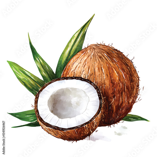 Watercolor coconut composition with green leaves on transparent background vector illustration