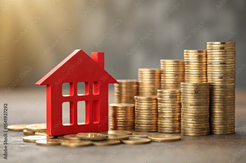 3d Red House Symbol And Gold Colored Coin Stacks Before Defocused Background. 3d Red House Symbol And Gold Colored Coin Stacks Before Defocused Background.