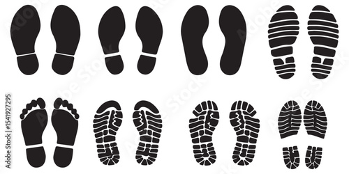 Person barefoot and footprint Symbols leg step silhouette human feet icon people shoe print Different black graphic sign legs and shoes sole Vector
