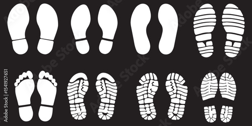 Person barefoot and footprint Symbols leg step silhouette human feet icon people shoe print Different black graphic sign legs and shoes sole Vector