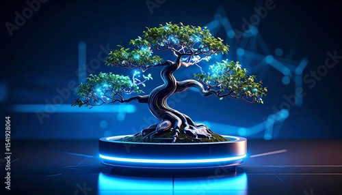 Eco-Tech Bonsai Futuristic Nano-Tube Tree in Bio-Luminescent Display