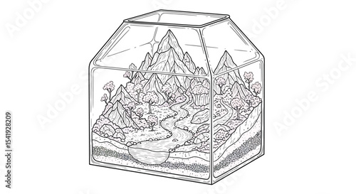 Miniature World in a Terrarium Line Art
