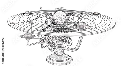 Vintage Orrery Solar System Model Line Art