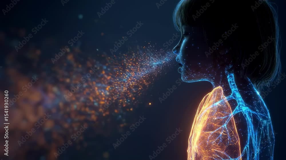 Pediatric medical visualization highlighting respiratory system with child exhaling glowing particles, revealing lung anatomy through transparent x ray style illumination