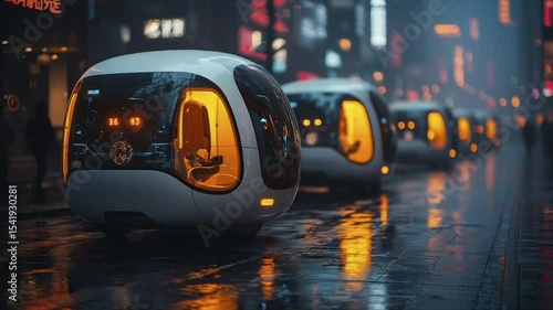 Wallpaper Mural Futuristic autonomous pods on a rain-slick city street at night Torontodigital.ca