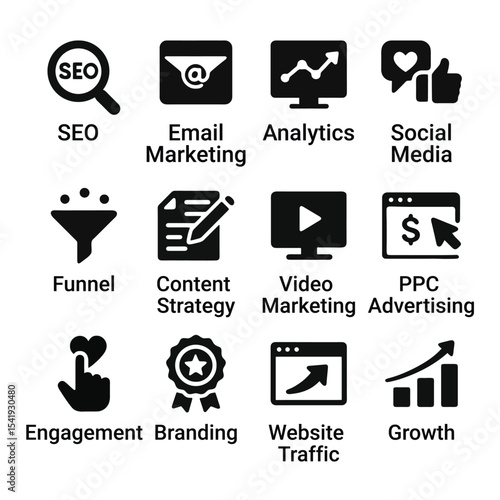 Digital Marketing Icon Set in Flat Black Style for Strategy and Promotion Concepts