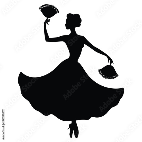 woman in Arm flourish with castanets dance pose, a captivating black silhouette of a woman in a flowing dress, poised in a dance pose, holding decorative lamps.