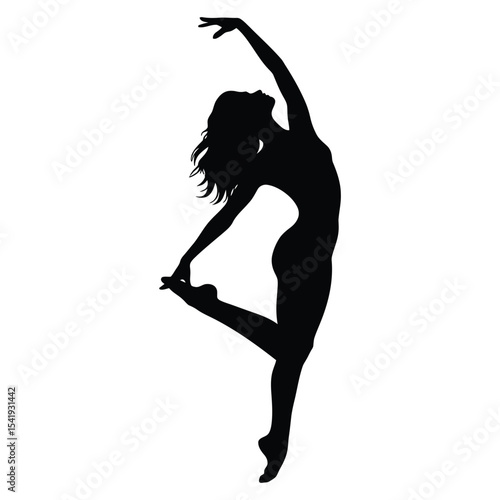 woman in Attitude dance pose, a dynamic silhouette of a female dancer mid-leap, showcasing a poised and elegant moment of a ballerina in motion.