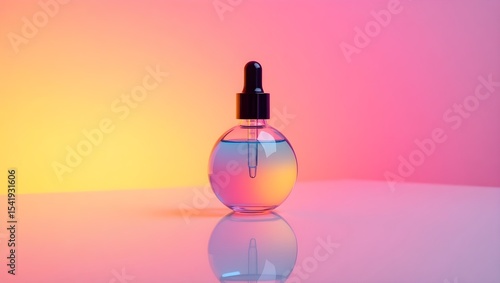 Glass dropper bottle with blue liquid on pink and yellow gradient background